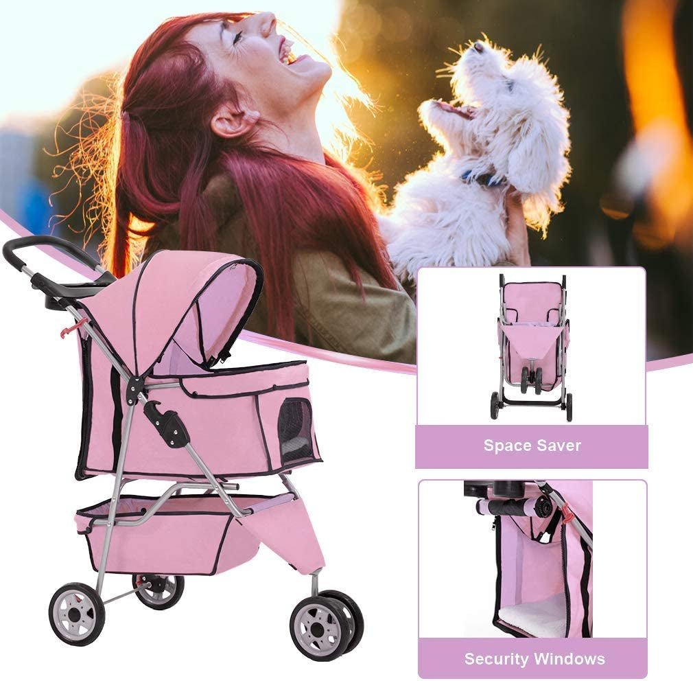 Pink pet stroller with security windows and sturdy three-wheel frame