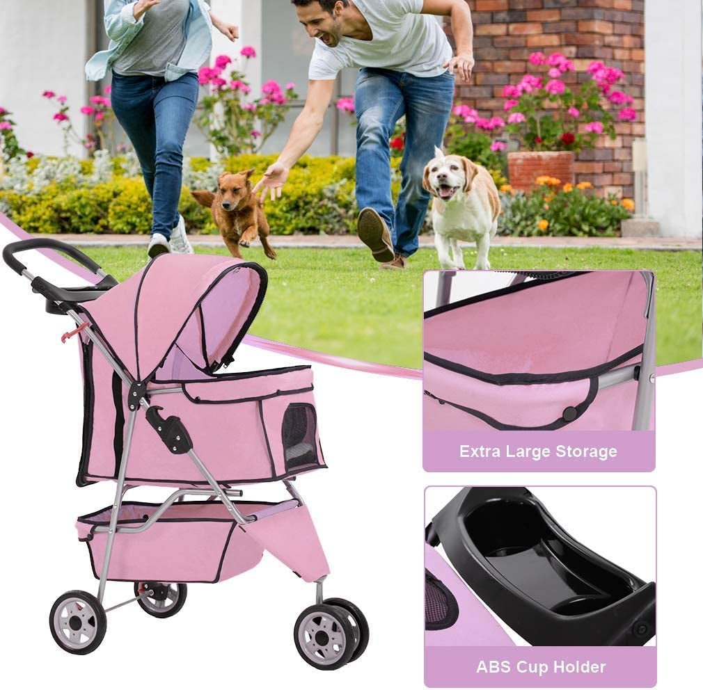 Pink pet stroller with large storage basket and cup holder mount, three-wheel