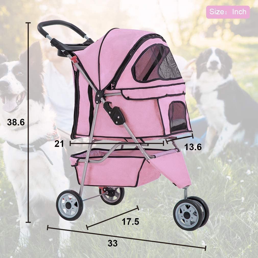 Pink three-wheel pet stroller with mesh canopy and padded seat