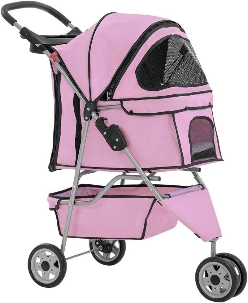 Pink three-wheel pet stroller with mesh front window and folding frame