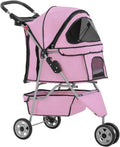 Pink three-wheel pet stroller with mesh front window and folding frame