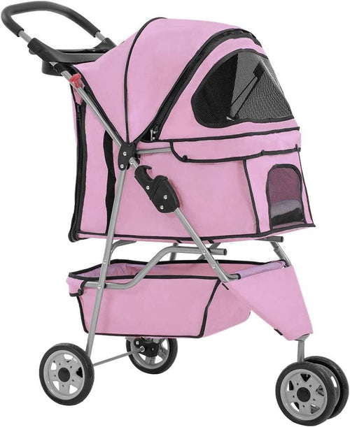 Pink three-wheel pet stroller with mesh front window and folding frame