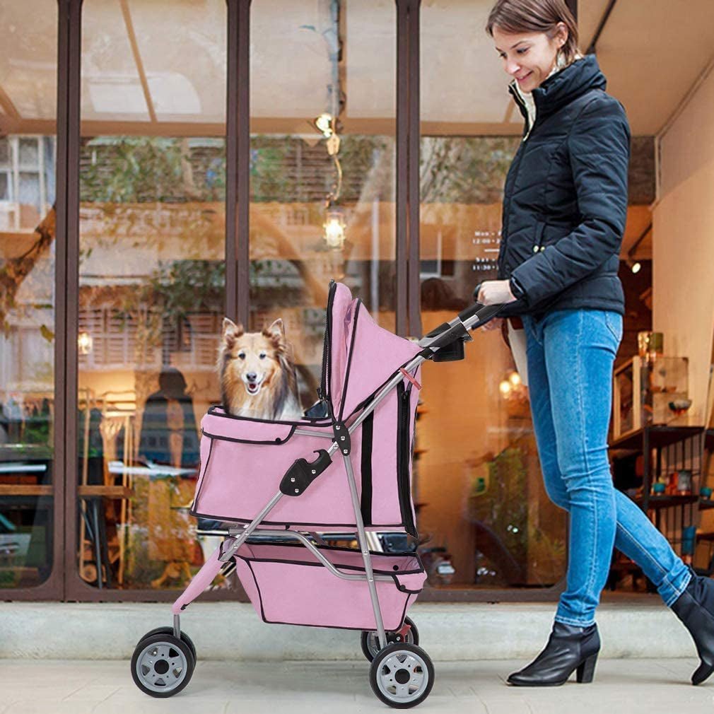 Pink pet stroller with padded canopy, mesh side panel, and large wheels