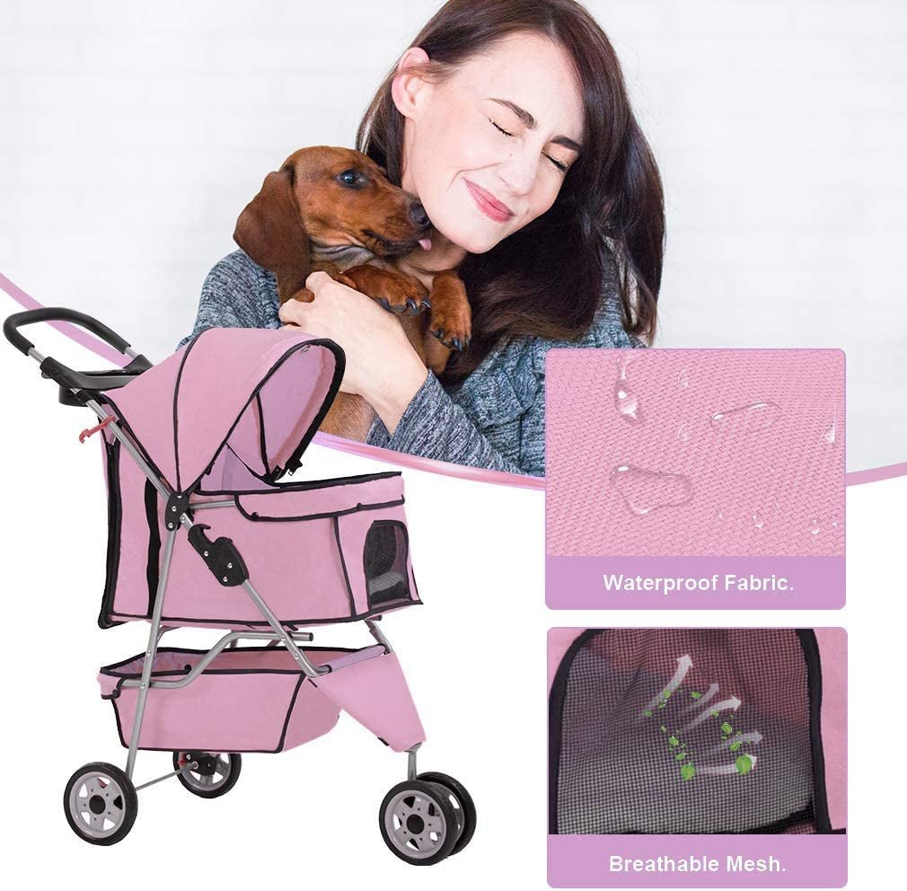 Pink pet stroller with mesh side window and padded interior, three-wheel frame