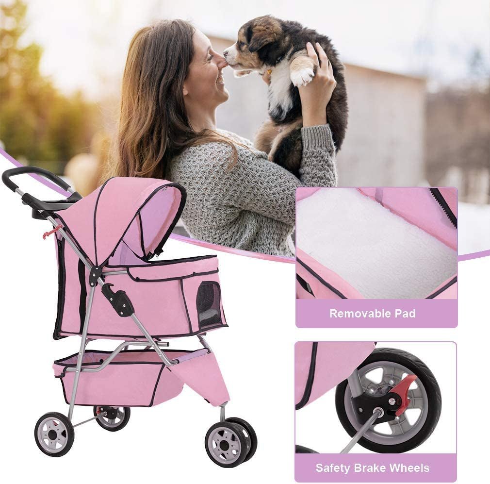 Pink pet stroller with removable cushioned pad and safety brake wheels