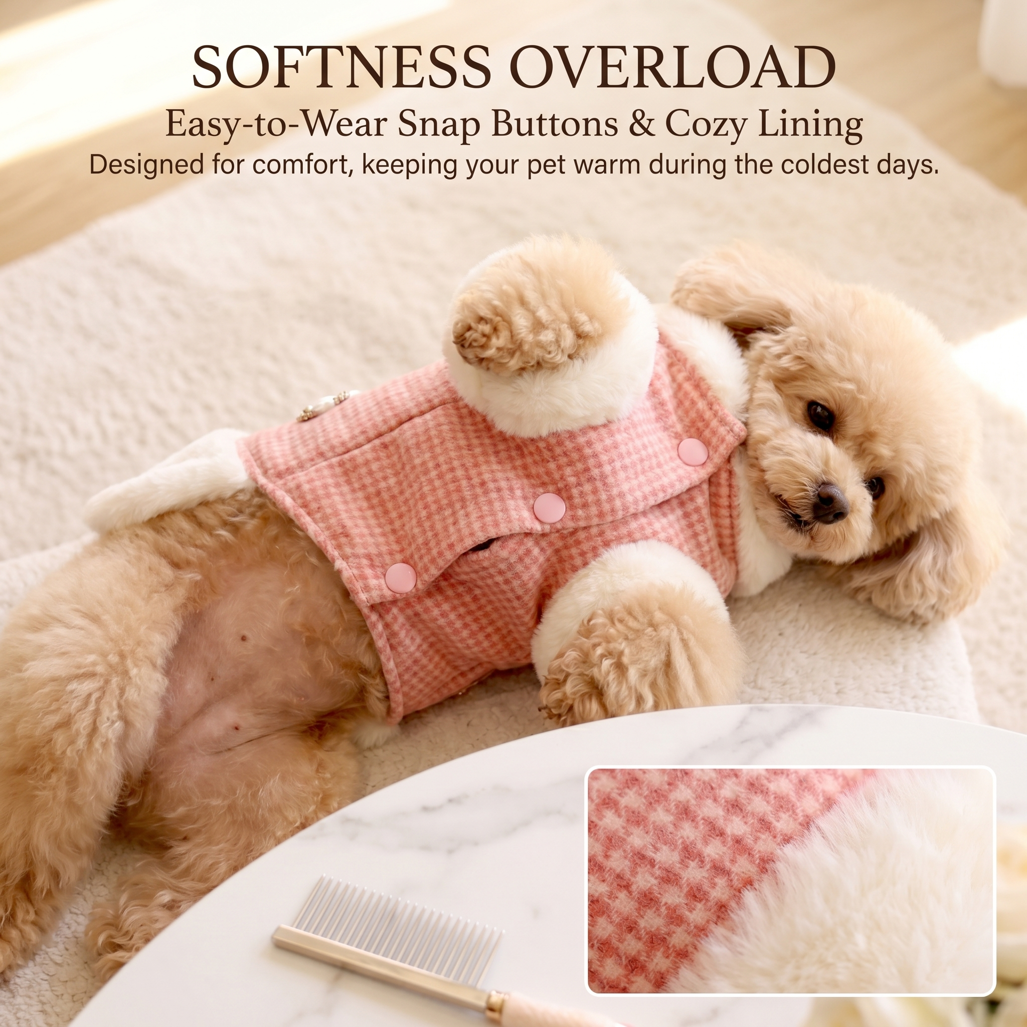 Pink tweed dog coat vest with faux fur hood, snap buttons, and pearl trim