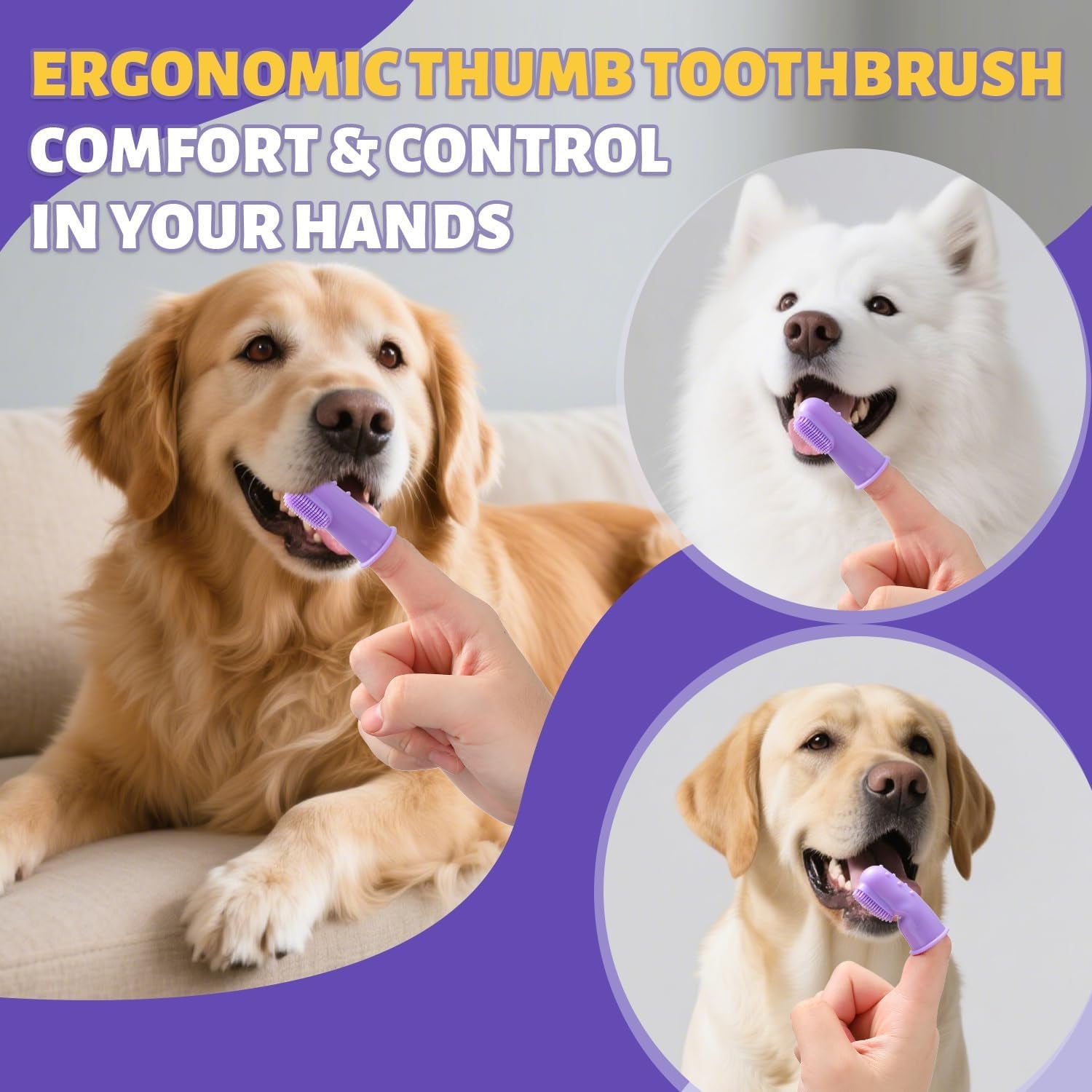 Ergonomic thumb dog toothbrush held in hand with purple bristles