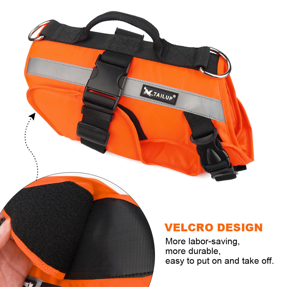 Orange dog life jacket vest with gray reflective band, front strap, and D-ring
