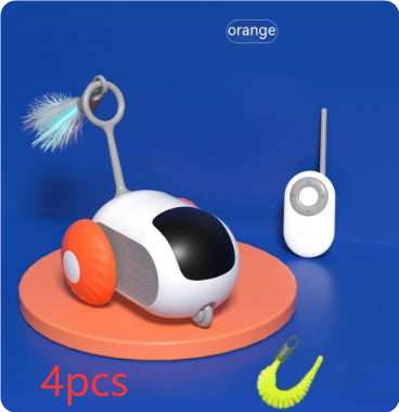 Interactive cat toy car with orange ear, remote with antenna, and two green brush accessories