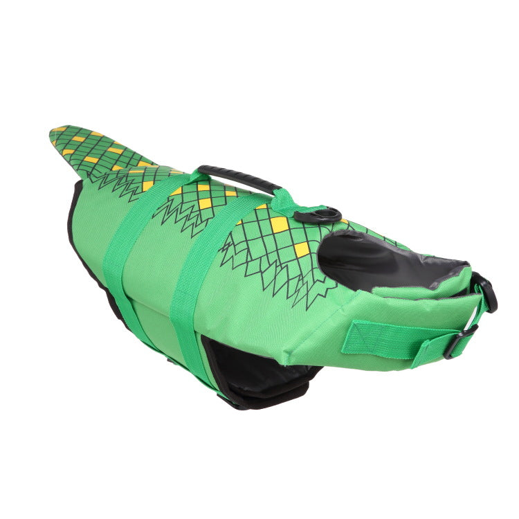 Green graphic dog life vest with black webbing straps and belly support panel