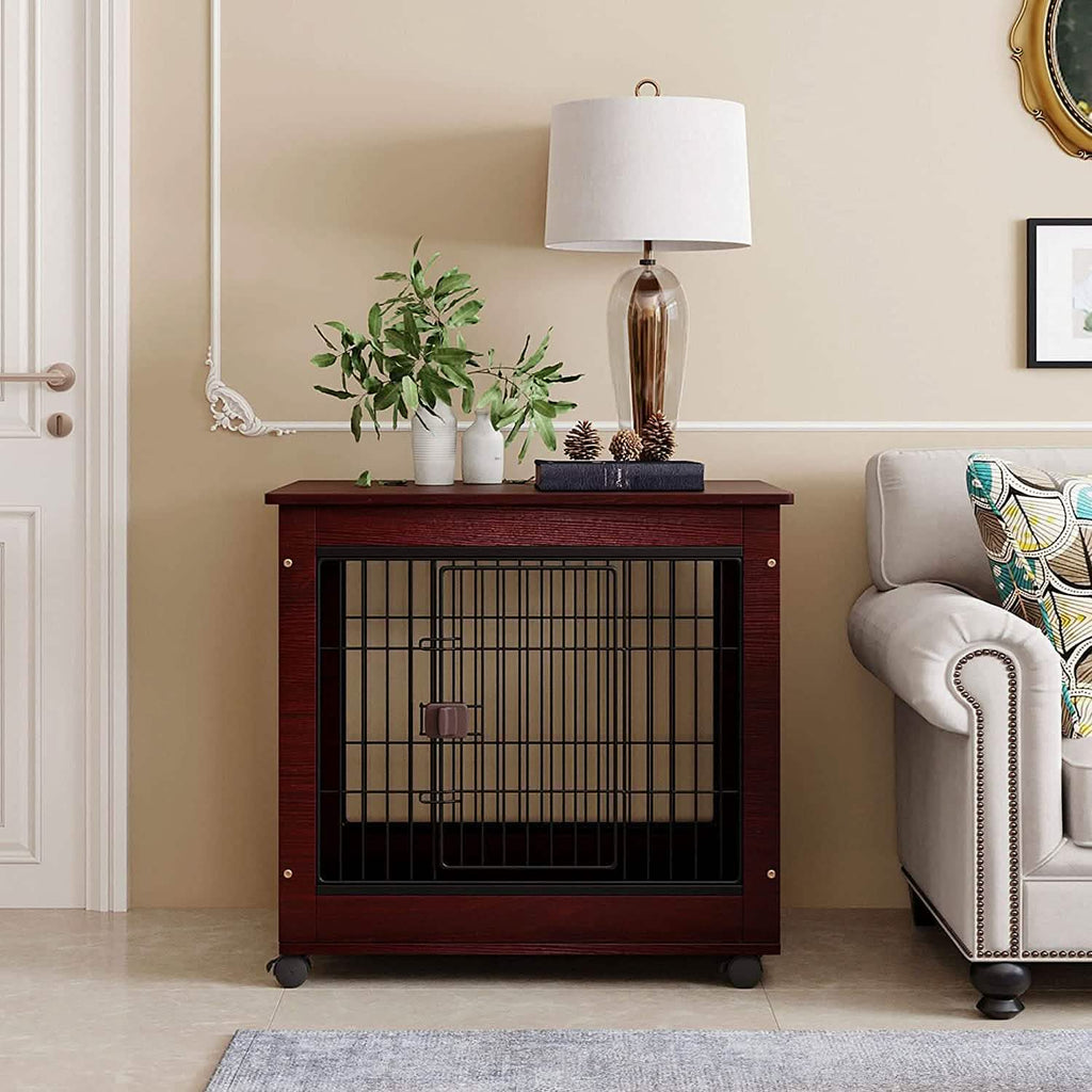 Brown furniture-style pet dog crate on casters with black wire front door
