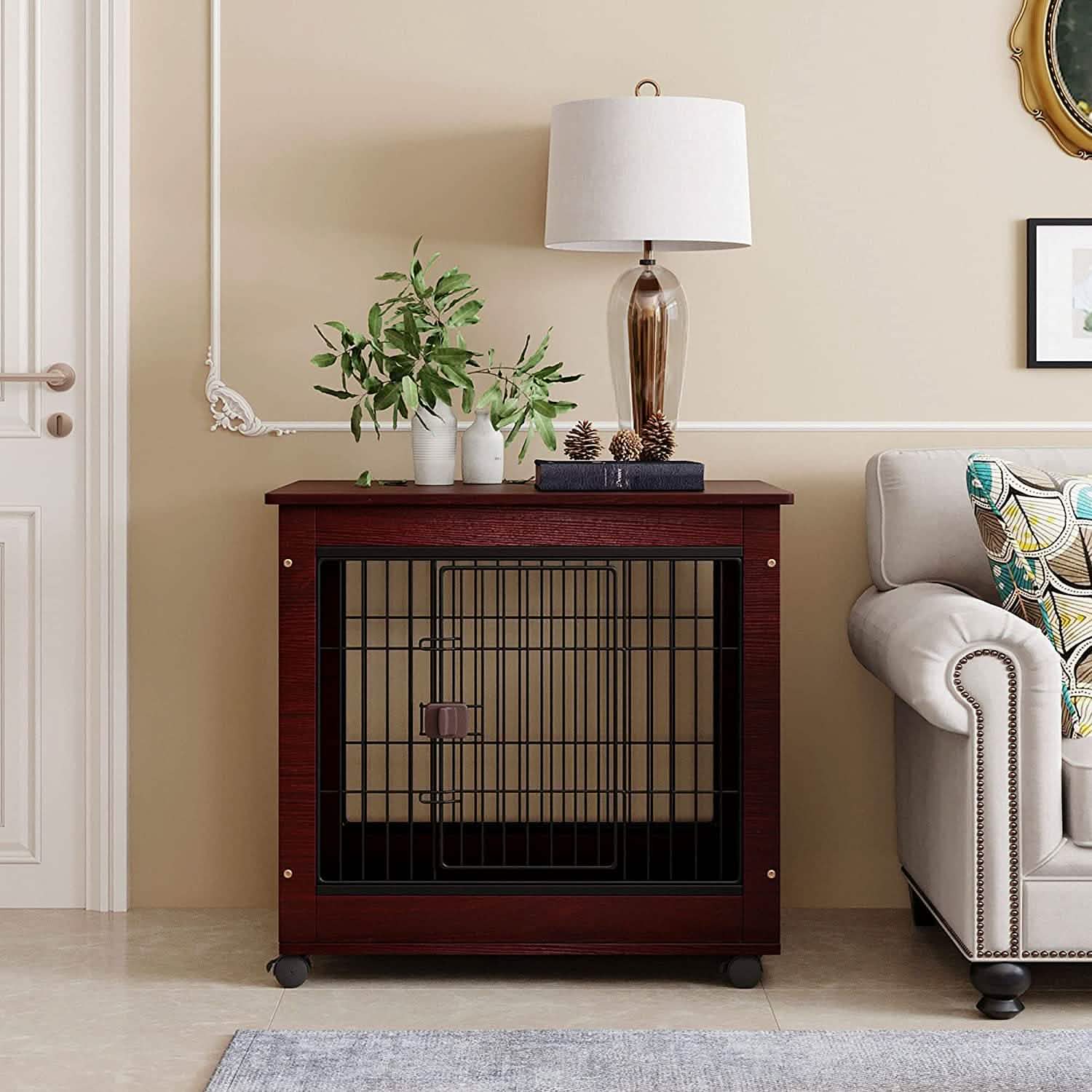 Brown furniture-style pet dog crate on casters with black wire front door