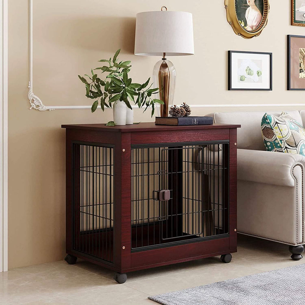 Brown furniture-style pet dog crate with black wire panels, latch, and rolling wheels