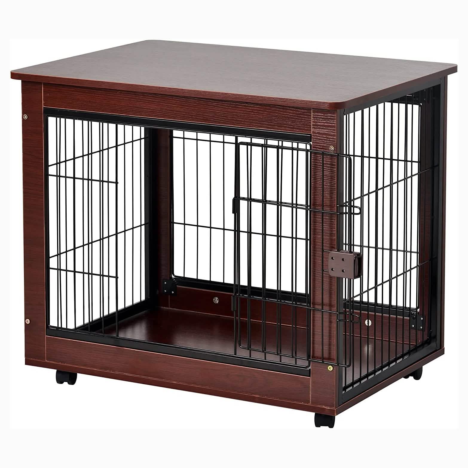 Brown 31-inch dog crate with tabletop and side door latch; black wire bars