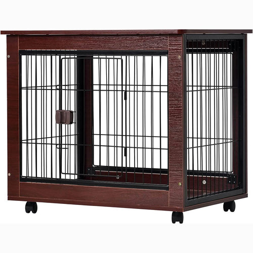 Brown 31-inch furniture-style pet dog crate with black wire panels and latch