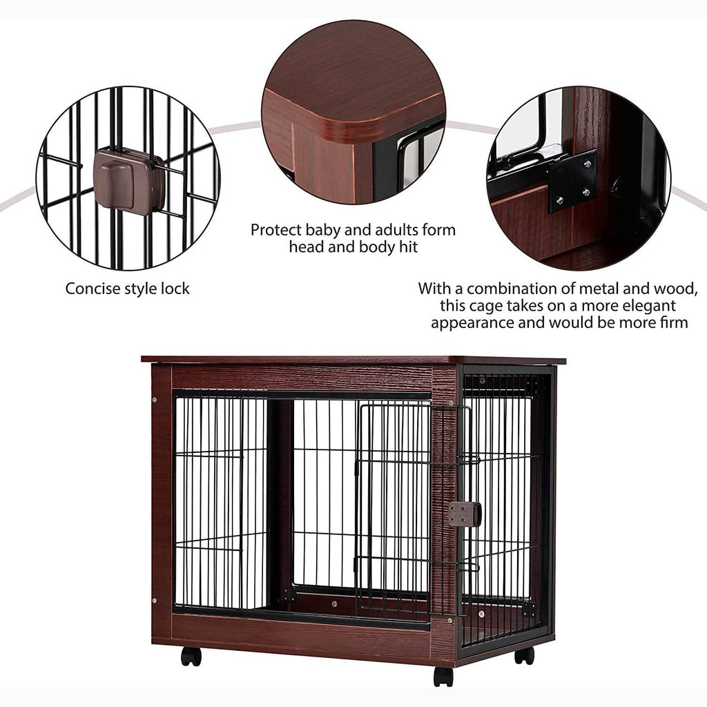 Brown pet dog crate with metal-and-wood frame, sliding lock, and black wire enclosure