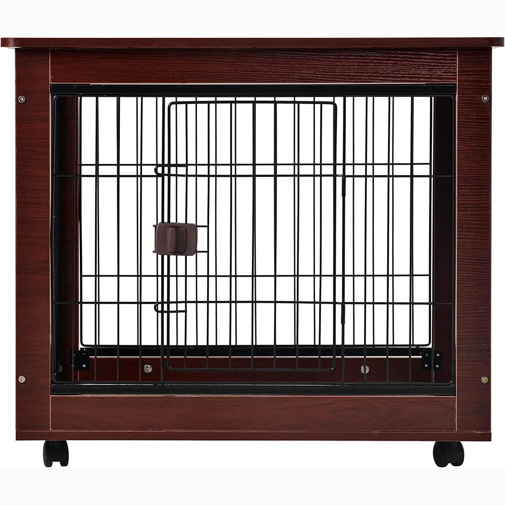 Brown 31-inch pet crate with front wire door, black bars, and secure latch