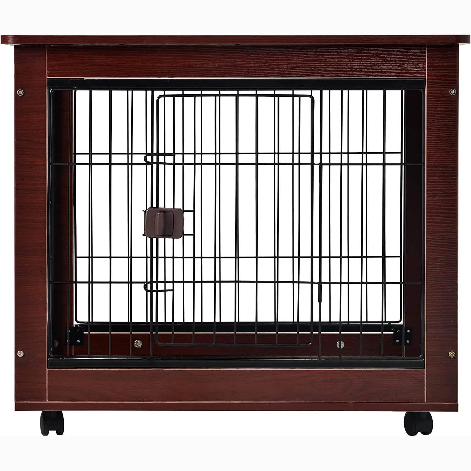 Brown 31-inch pet crate with front wire door, black bars, and secure latch