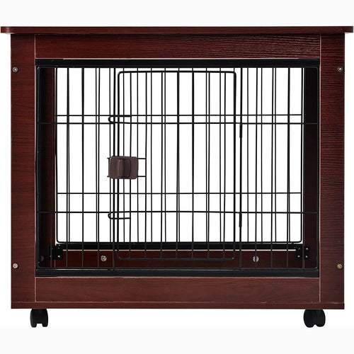 Brown 31-inch pet crate with front wire door, black bars, and secure latch