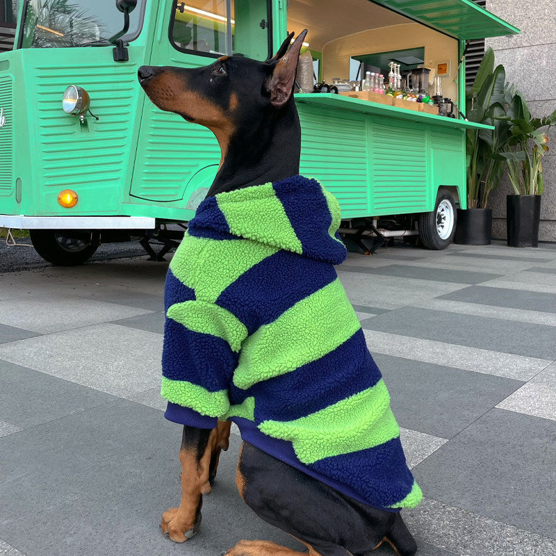 Green and navy striped dog hoodie with hood, thick fleece, and no visible zipper.