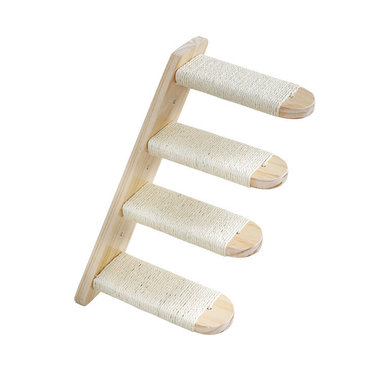 Wooden cat scratching ladder with four light-gray sisal platforms and curved ends