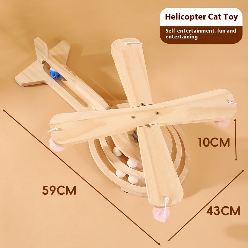 Wood helicopter-style cat turntable toy with spinning ball track and hanging pom-pom