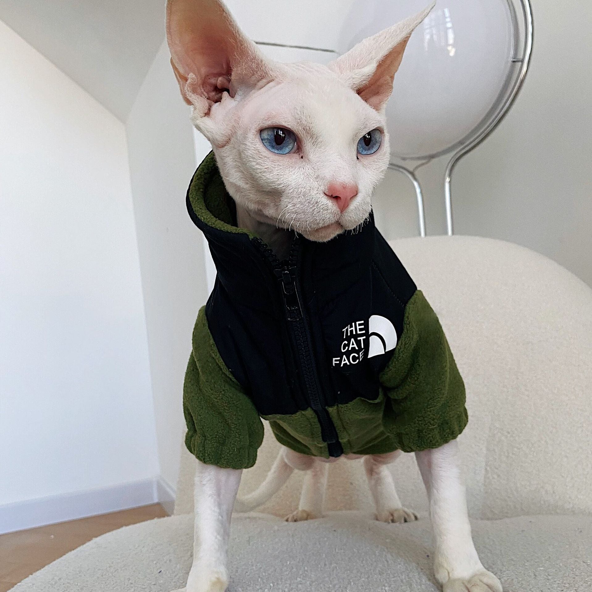Olive green fleece cat jacket with zipper and hood, 'THE CAT FACE' chest patch.