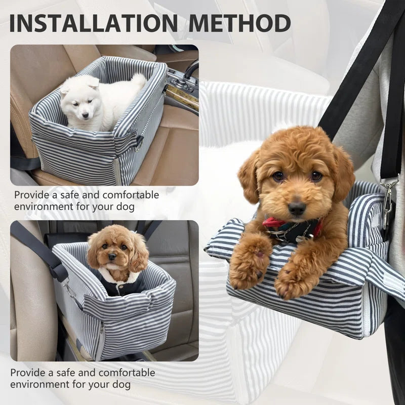 Striped dog car seat with top handle, side straps, and zipper opening
