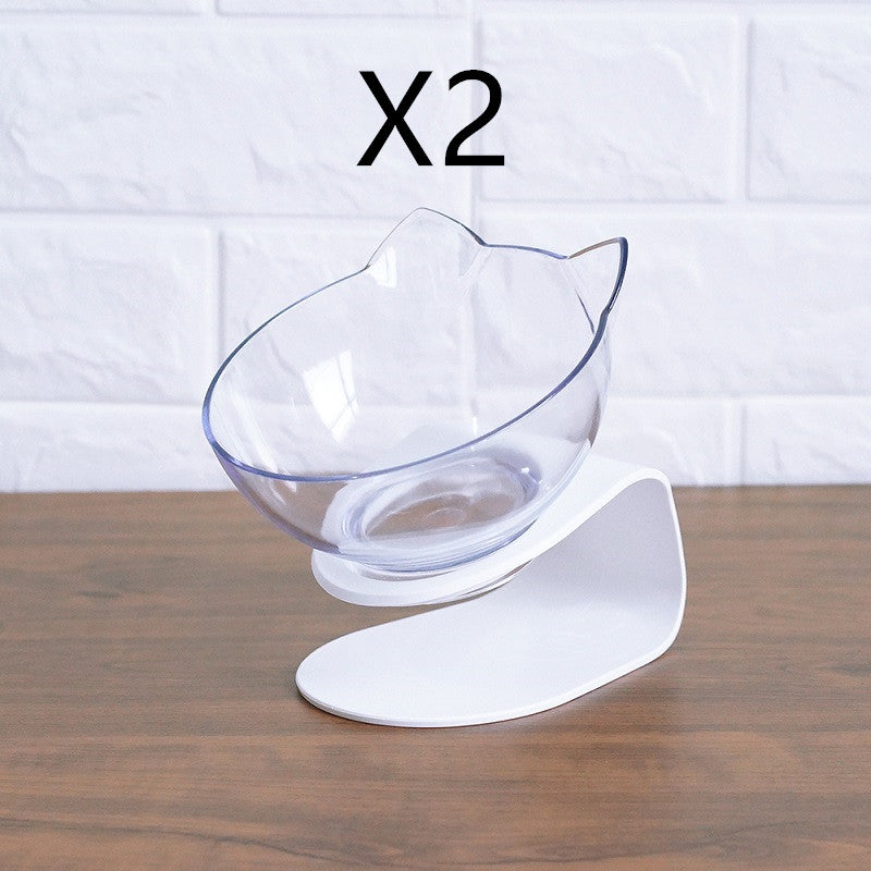 Single clear cat-shaped raised pet food bowl on white stand with non-slip base