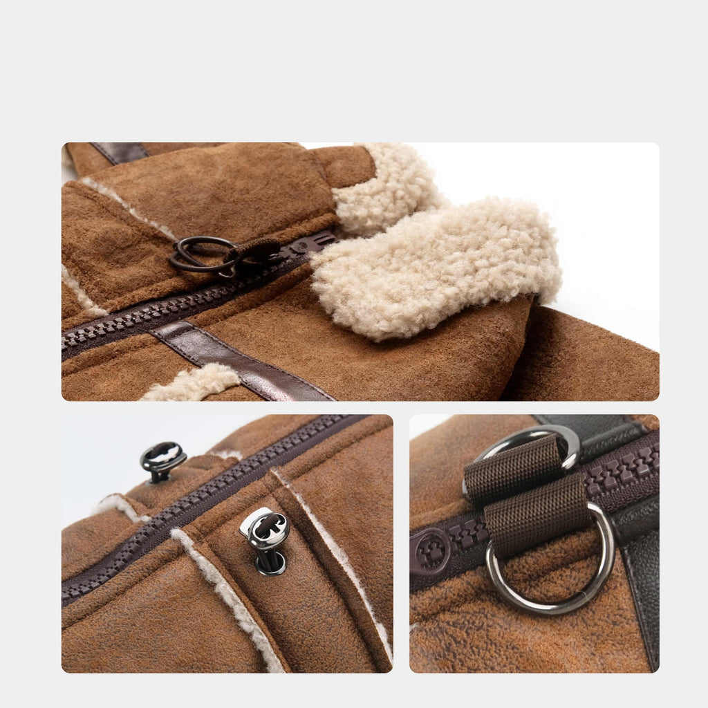 Brown suede-look jacket with cream sherpa trim, front zipper, and D-ring strap
