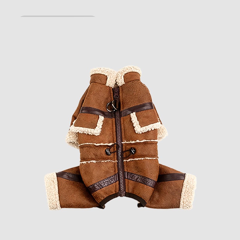 Brown four-legged dog jacket with cream sherpa collar, shoulder straps, and zipper