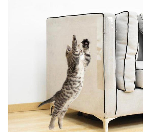 Furniture guard panel with cat scratching on the white protective cover