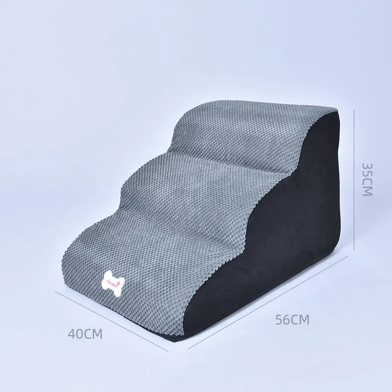 Grey pet slope stairs, 35cm high with textured sponge steps and dark base