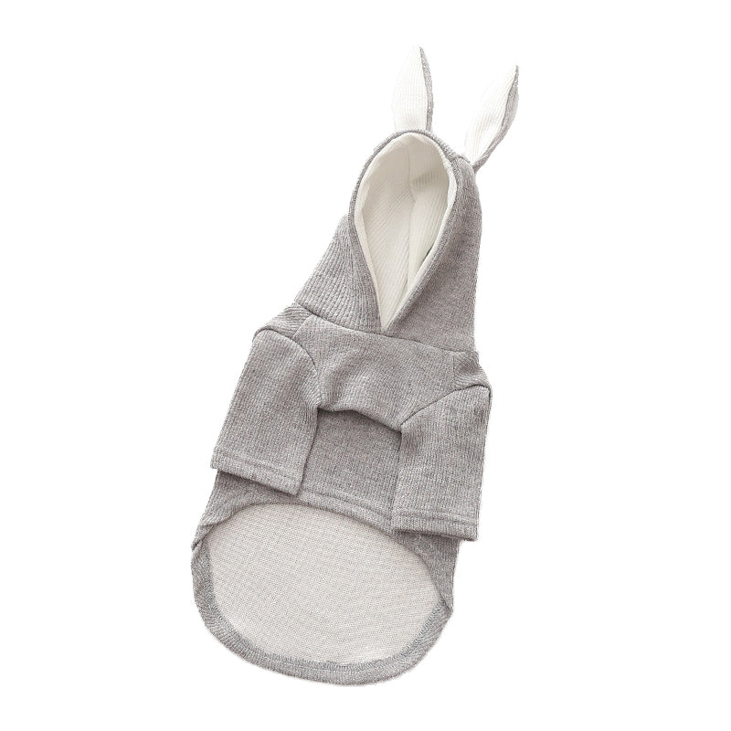 Light gray dog hoodie with bunny-ear hood and pouch front, short sleeves