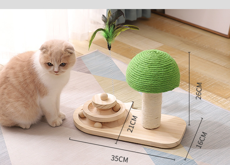 Green sisal cat scratch post set, 35×16×26 cm wooden base with feather toy