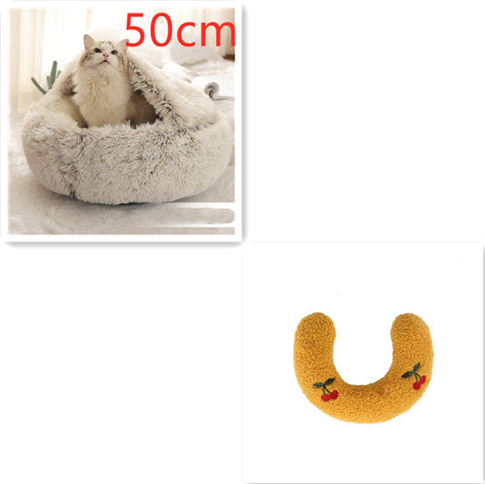 Gray round plush pet bed with raised rim, cat resting inside