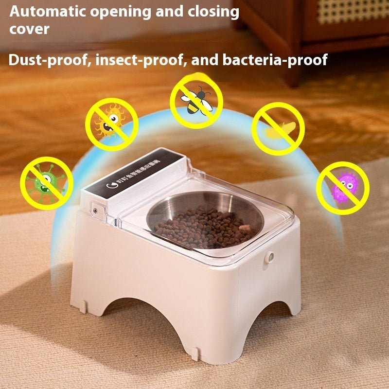 Automatic pet food feeder with clear lifting lid and stainless bowl, white base