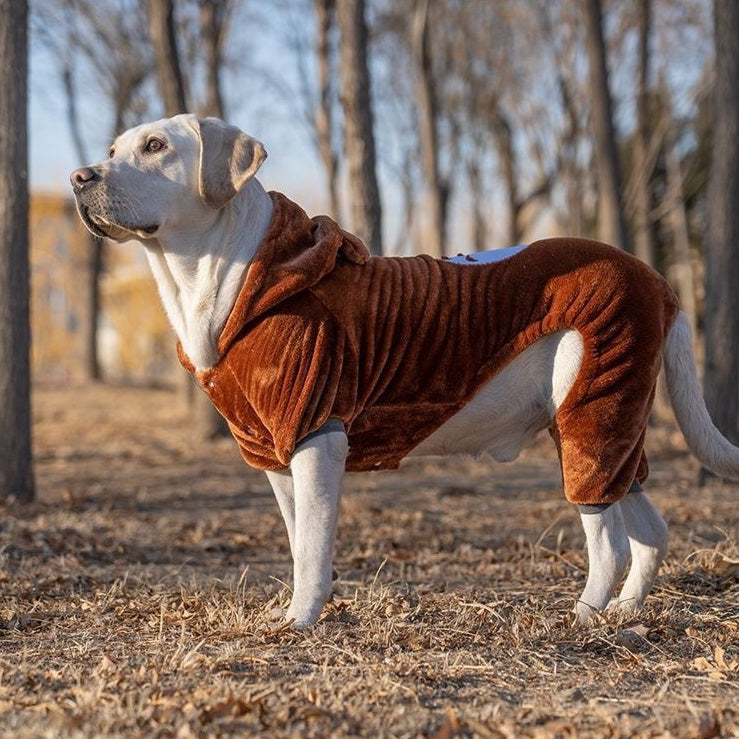 Brown dog fleece sweater with hood, ribbed texture and leg openings