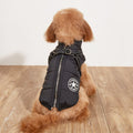 Fleece-lined padded dog coat in black with front zipper and reflective trim