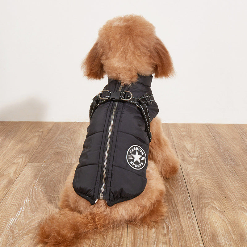 Fleece-lined padded dog coat in black with front zipper and reflective trim