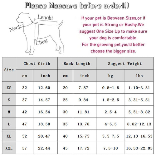 Pet clothing size chart with neck, chest girth, back length, and suggested weight