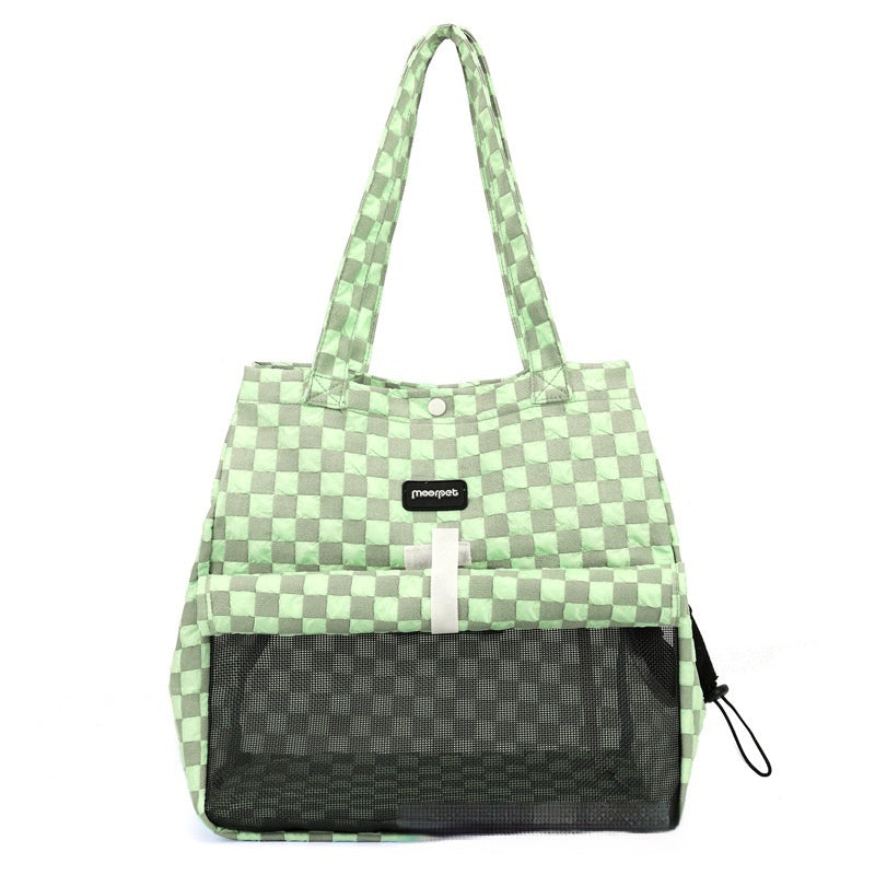 Green check small portable cat shoulder bag with black front panel and side drawstring.