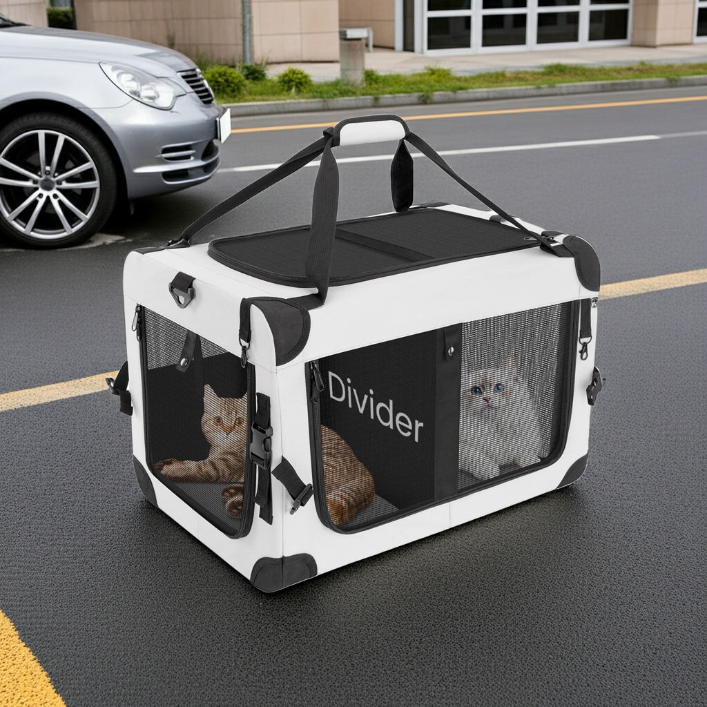 Large soft-sided cat carrier with 5-sided mesh, locking zippers, removable divider, grey/white