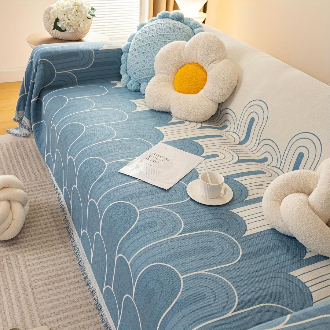 Pet sofa cover in blue with white arch-line pattern and fringed edge