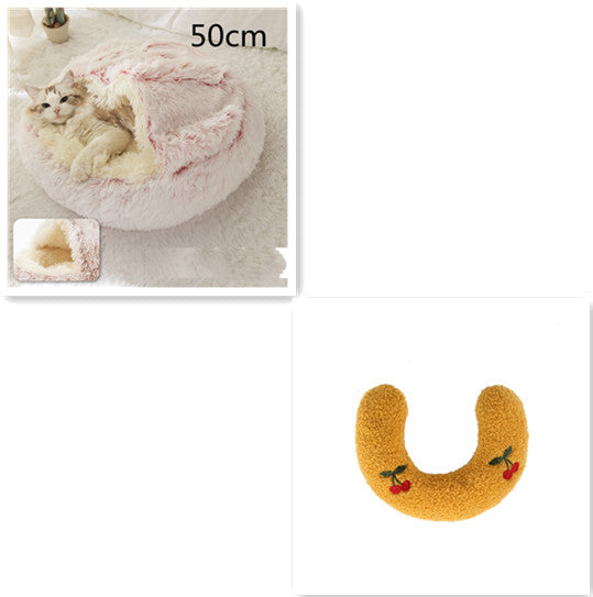 Round plush pet bed with cave opening, light cream fur, pink trim, 50cm