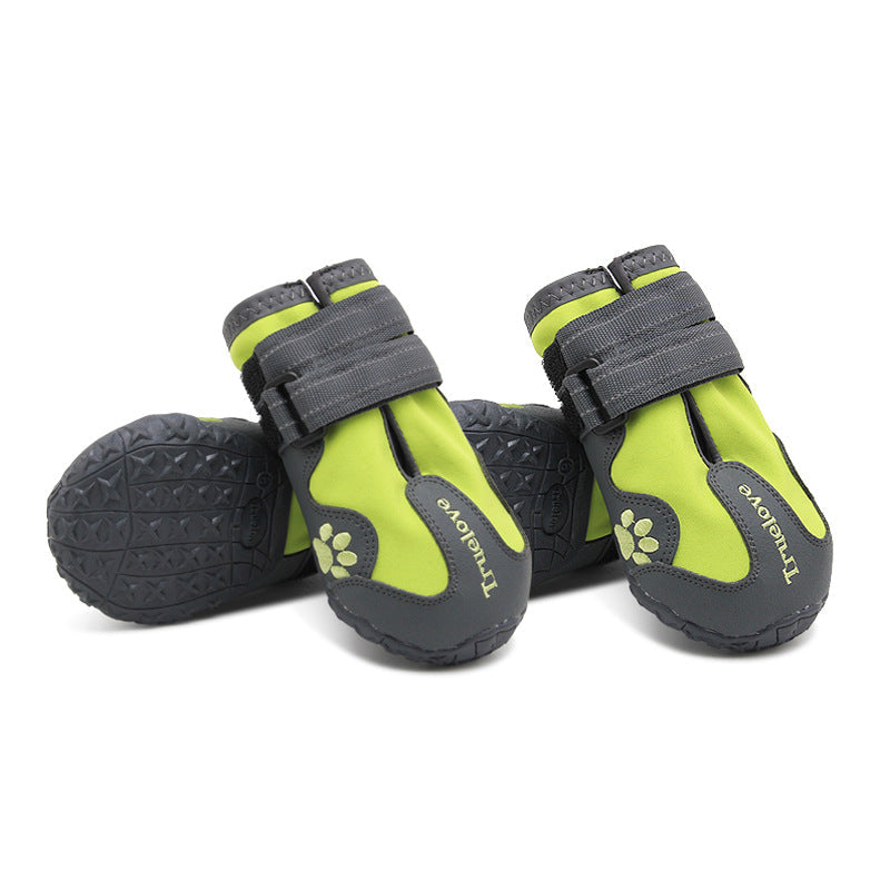 Lime and grey pet dog boots with paw icons and hook-and-loop strap, non-slip soles