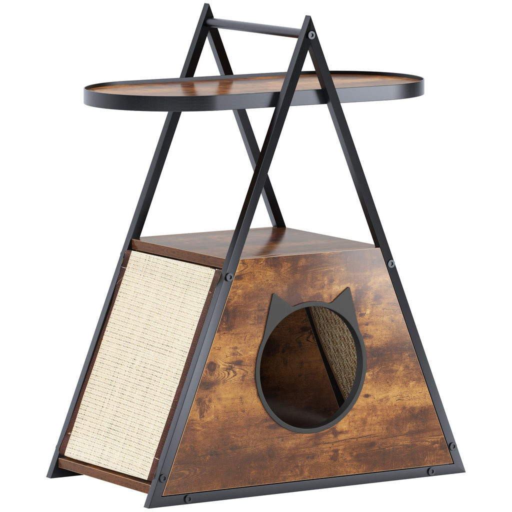 Black cat house end table with round top platform, side scratching board, and cat entry opening