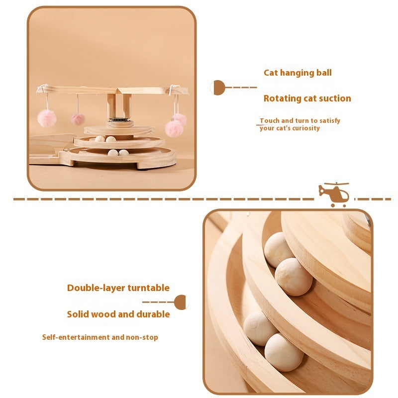 Wood cat turntable scratch toy with double platforms and hanging pom-pom ball