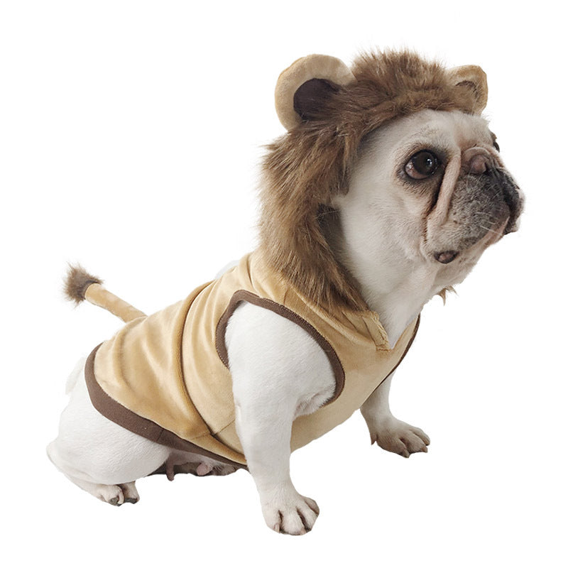 Pet lion hood dog costume with beige jumpsuit and brown trim, plush ear mane
