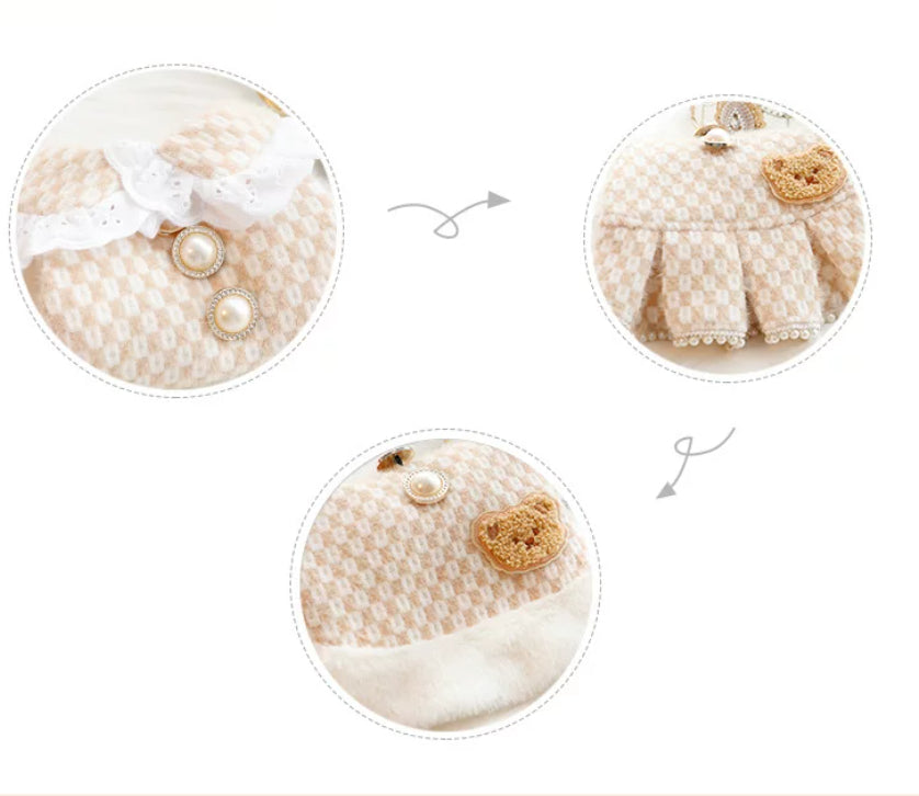 Cotton skirt close-up: faux pearl buttons, lace trim, embroidered patch